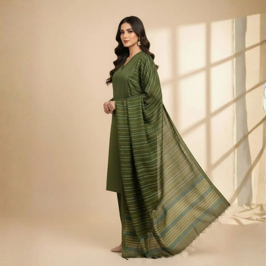 Winter Sussi Silk 3-Piece Suit for Women | Unstitched Plain Shirt & Trouser | Heavy Winter Sussi Shawl | Bottle Green