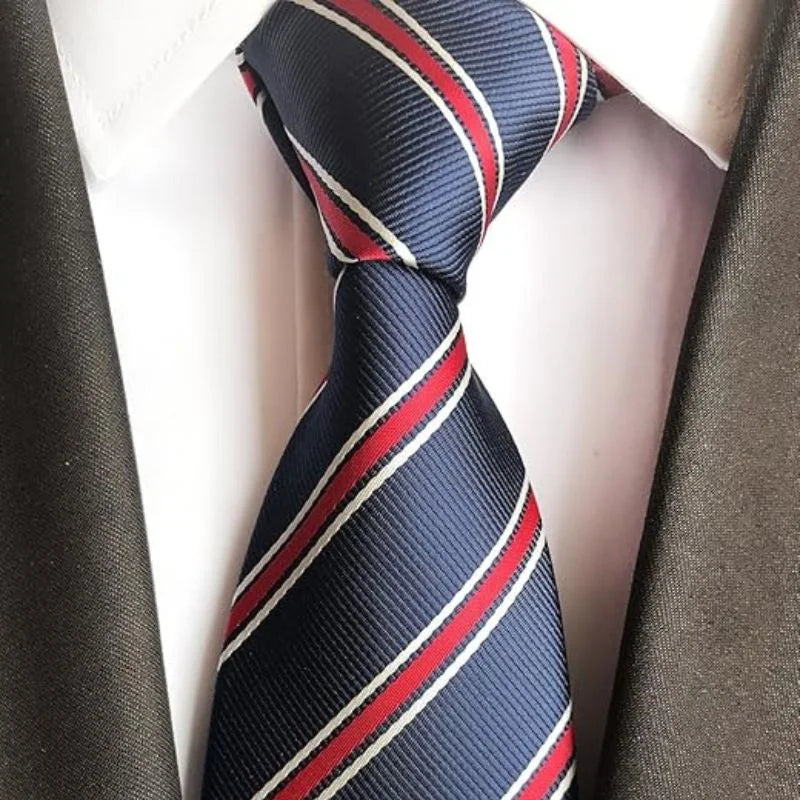 Navy Blue & Red Striped Tie & Pocket Square Set | Premium Formal Necktie | Graduation, Wedding & Suit Wear