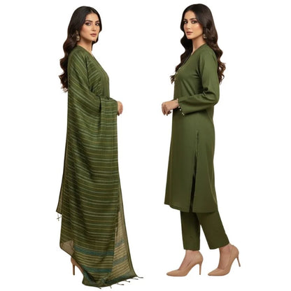 Winter Sussi Silk 3-Piece Suit for Women | Unstitched Plain Shirt & Trouser | Heavy Winter Sussi Shawl | Bottle Green